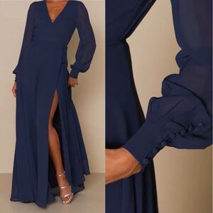 Lulus My Whole Heart navy blue semi sheer Long Sleeve Wrap maxi Dress M - NWT